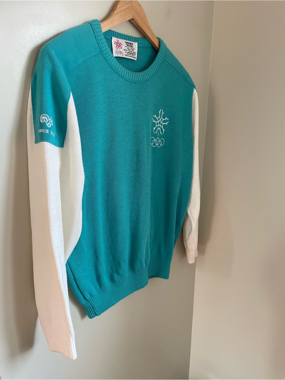 Vintage 1988 Calgary Winter Olympics White Ram Knit Sweater Teal White - Picture 6 of 9